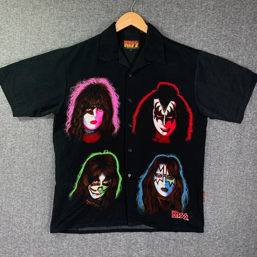 Vintage Kiss Shirt Men Large Black 2001 Y2K Camp Bowling Button Up Four Faces